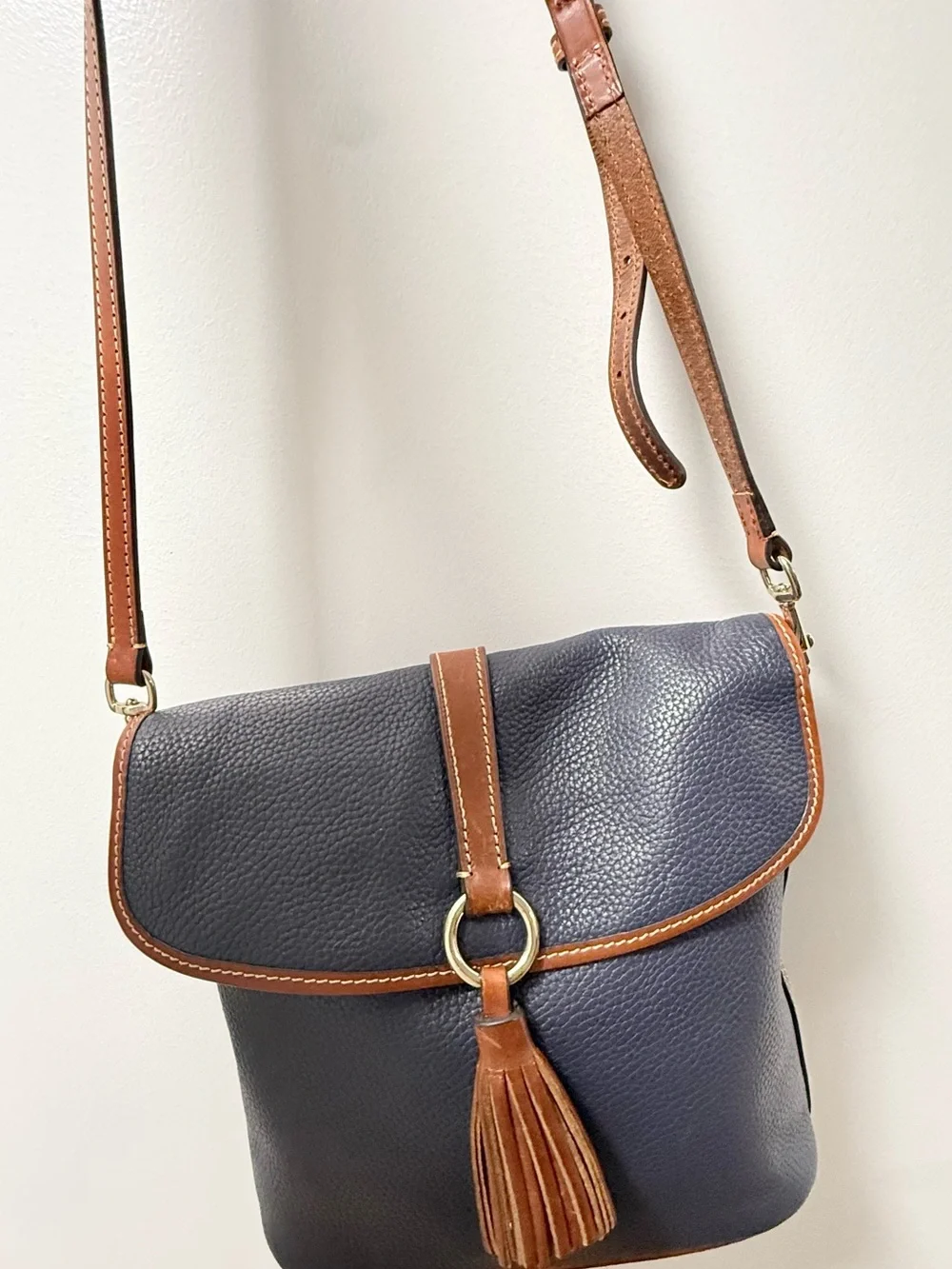 Dooney & Bourke Navy Leather Crossbody with Brown Trim and Tassel